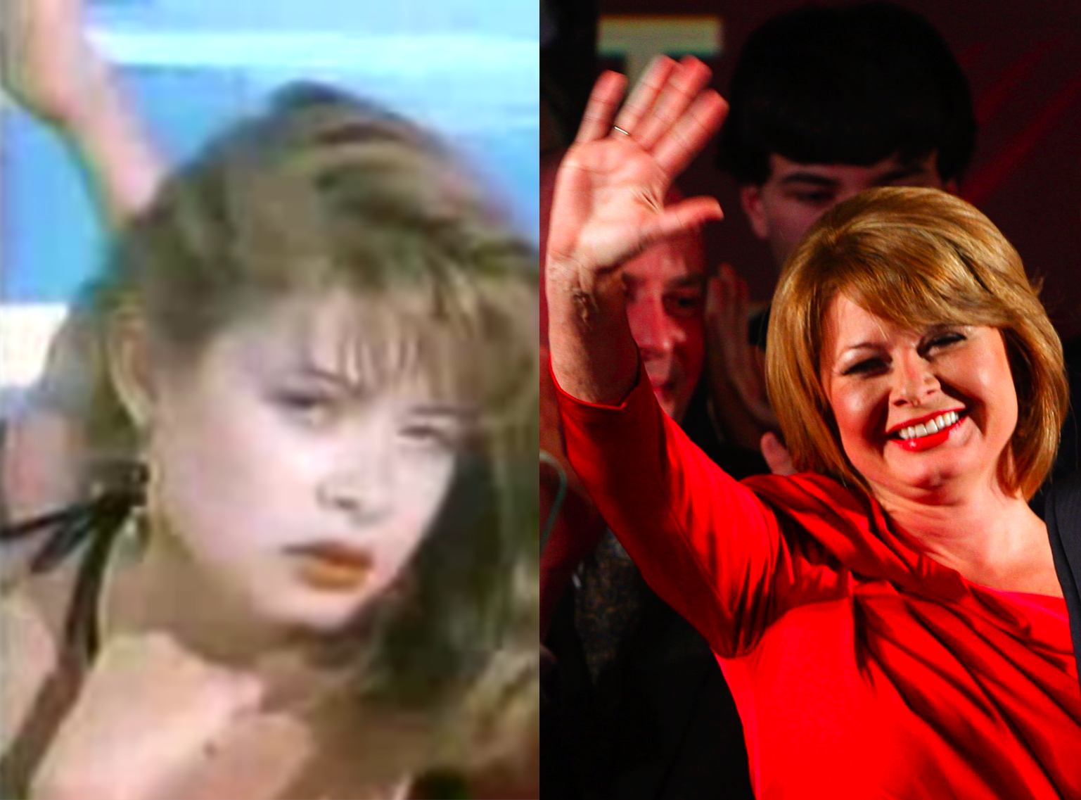 Gail Huff in "The Girl With the Curious Hand" video 1984 (L) and at husband Scott Brown's victory rally January 19, 2010.
