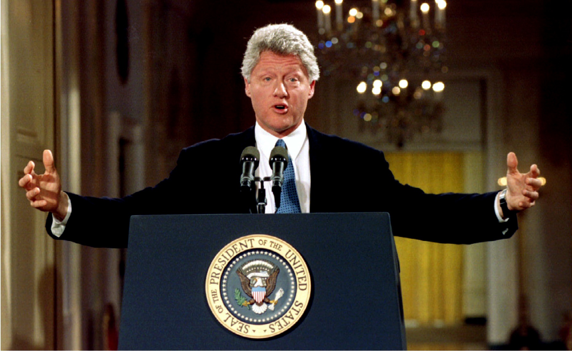 US President Bill Clinton addresses journalists April 23 during a White House East Room press conference (Â© Gary Cameron / Reuters)
