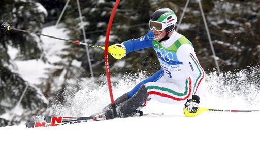 Italy's Giuliano Razzoli speeds down the course during the first run of the Men's slalom, at the Vancouver 2010 Olympics in Whistler, British Columbia, Saturday, Feb. 27, 2010. (AP Photo/Luca Bruno) (AP)