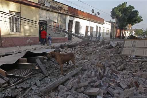 A dog stands in the debris of a collapsed wall on a street in central Santiago, early Saturday, Feb. 27, 2010. A powerful 8.8 magnitude earthquake hit 200 miles (325 kilometers) southwest of the capital  and the epicenter was just 70 miles (115 kilometers) from Concepcion, Chile's second-largest city. ( AP Photo/Aliosha Marquez) (AP)