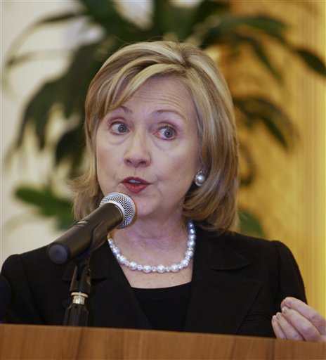 U. S. Secretary of State Hillary Rodham Clinton, seen during a press, after holding talks with Prime Minister and Foreign Minister of Qatar Sheikh Hamad bin Jassim bin Jabor Al Thani, in Doha the capital of the State of Qatar, Sunday, Feb. 14, 2010. Clinton arrived Sunday in Qatar, where she is holding talks with top government leaders and speaking at the U.S.-Islamic World Forum. (AP Photo/Maneesh Bakshi) (AP)