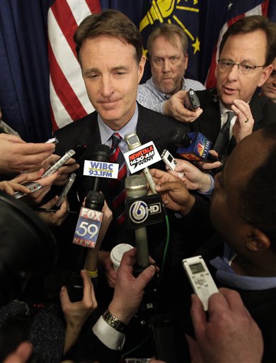 Sen. Evan Bayh, D-Ind., speaks with reporters after a news conference announcing he will not seek re-election in Indianapolis, Monday, Feb. 15, 2010. Bayh, a centrist Democrat from Indiana, announced Monday that he won't seek a third term in Congress, giving Republicans a chance to pick up a Senate seat. (AP Photo/AJ Mast) (AP)