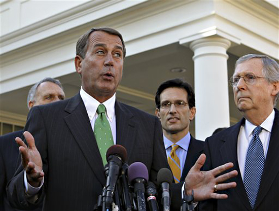 Rep. John Boehner, with other Republican congressional leaders, talks to reporters outside the White House.