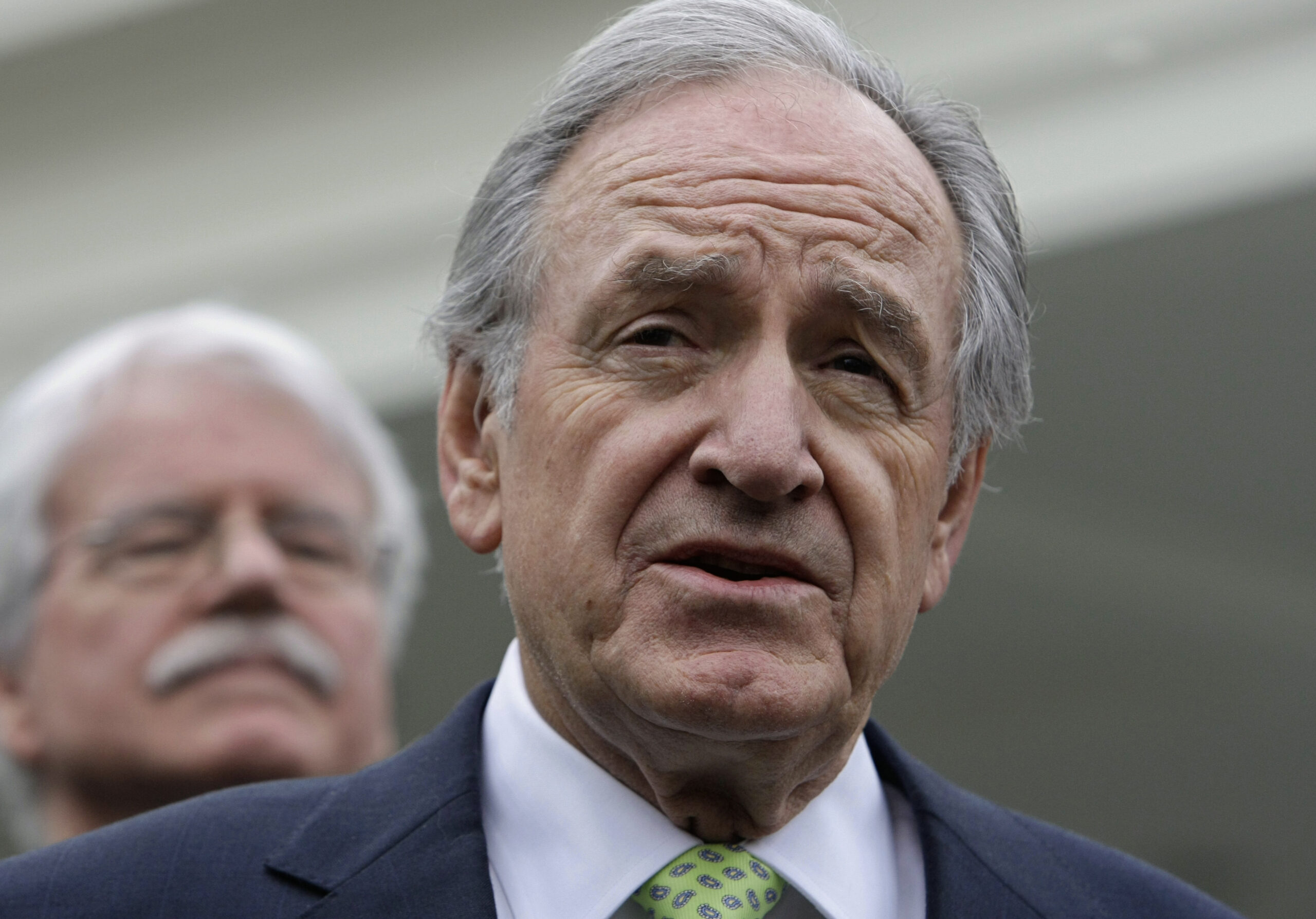 Senate Health, Education, Labor and Pensions Committee Sen. Tom Harkin, D-Iowa, left, accompanied by Rep. George Miller, D-Calif., talks to reporters outside the White House in Washington, Tuesday, Feb. 2, 2010, following a meeting between Cabinet, Congressional members and first lady Michelle Obama to discuss childhood obesity.  (AP Photo/J. Scott Applewhite) (Associated Press)