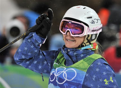 Michelle Roark of the USA reacts after her moguls qualifications run at the Vancouver 2010 Olympics in Vancouver, British Columbia, Saturday, Feb. 13, 2010. (AP Photo/Bela Szandelszky) (AP)