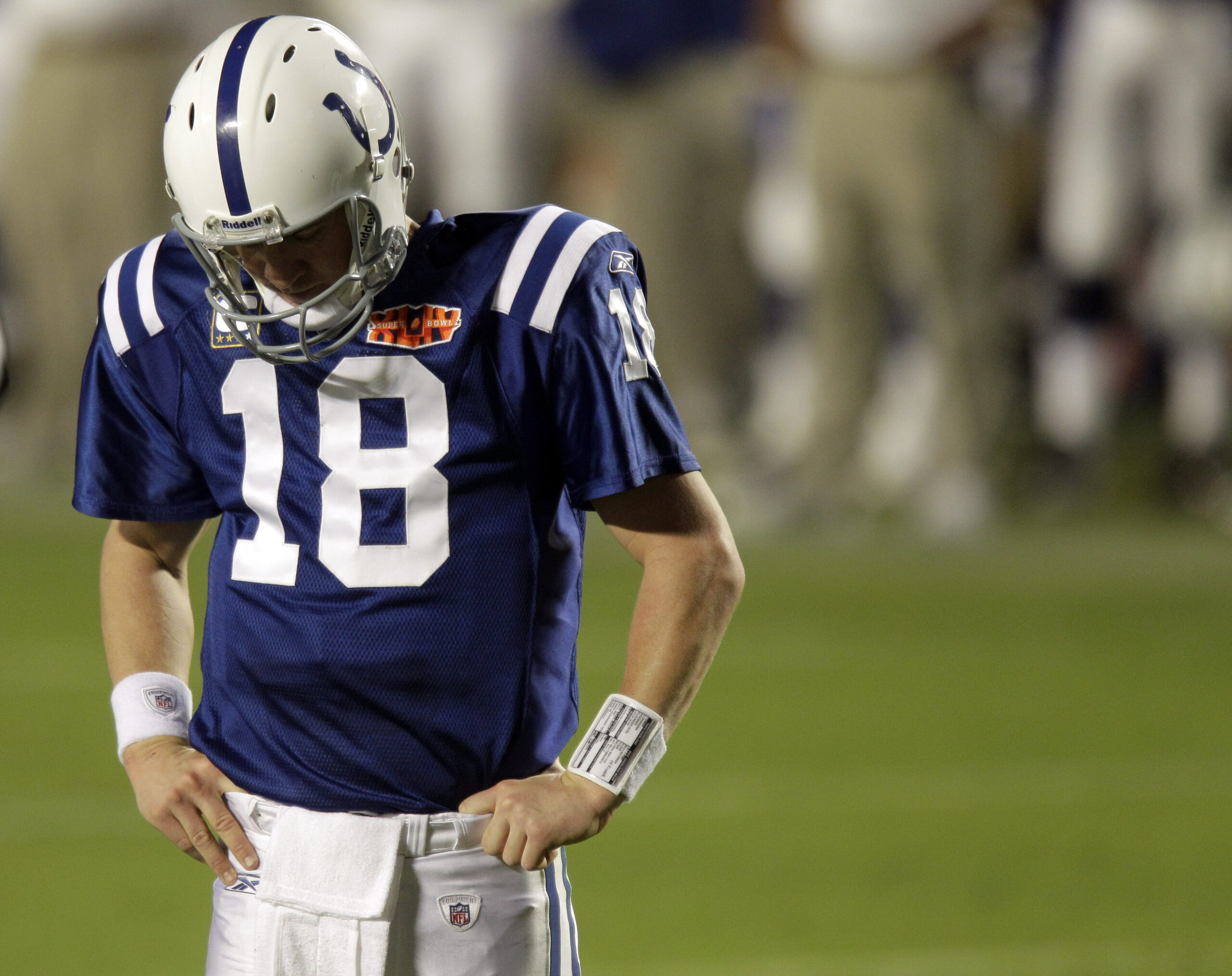 Indianapolis Colts quarterback Peyton Manning (18) reacts during the second half of the NFL Super Bowl XLIV football game against the New Orleans Saints in Miami, Sunday, Feb. 7, 2010. (AP Photo/Chris O'Meara) (Chris O'meara)