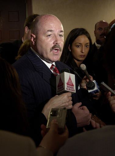 Former New York City Police Commissioner Bernie Kerik answers questions after speaking at the New York Republican State Committee 2004 Designation Meeting in Syracuse, NY, Wednesday, May 19, 2004. (AP Photo/Kevin Rivoli) (Associated Press)