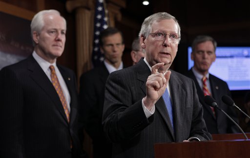 Senate Minority leader Mitch McConnell of Ky., second from right, gestures during a news conference on Capitol Hill in Washington, Wednesday, Jan. 20, 2010. From left are. Sen. John Cornyn, R-Texas, Sen. John Thune, R-S.D., McConnell, and Sen. John Gregg, R-N.H. (AP Photo/Pablo Martinez Monsivais) (AP)