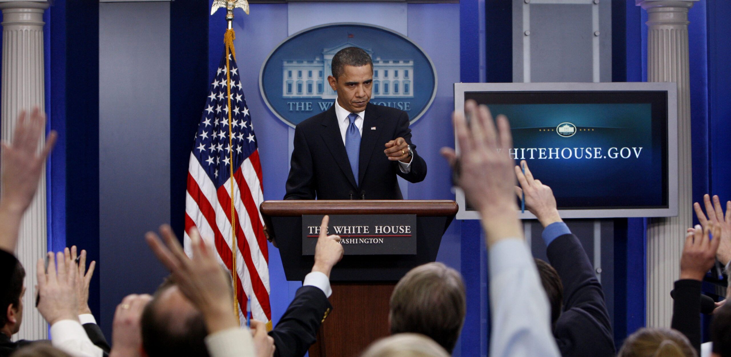 President Barack Obama points as he takes questions during the daily press briefing at the White House, in Washington, Tuesday, Feb. 9, 2010. (AP Photo/Pablo Martinez Monsivais) (Associated Press)