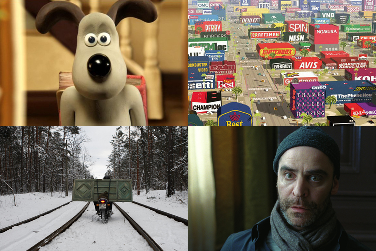 Clockwise from lower left: "The Door," "A Matter of Loaf and Death," "Logorama" and "The New Tenants"