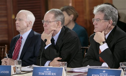 From left, Sen. John McCain, R-Ariz., Sen Lamar Alexander, R-Tenn., and Sen. Tom Coburn, R-Olka., listen during the health care reform meeting at the Blair House in Washington, Thursday, Feb. 25, 2010. (AP Photo/Pablo Martinez Monsivais) (AP)
