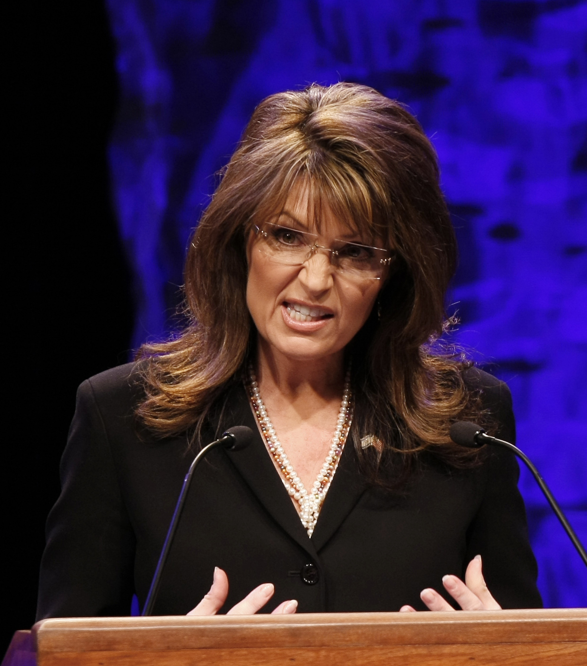 Former vice presidential candidate Sarah Palin addresses attendees at the National Tea Party Convention in Nashville, Saturday, Feb. 6, 2010.  (AP Photo/Ed Reinke) (Ed Reinke)