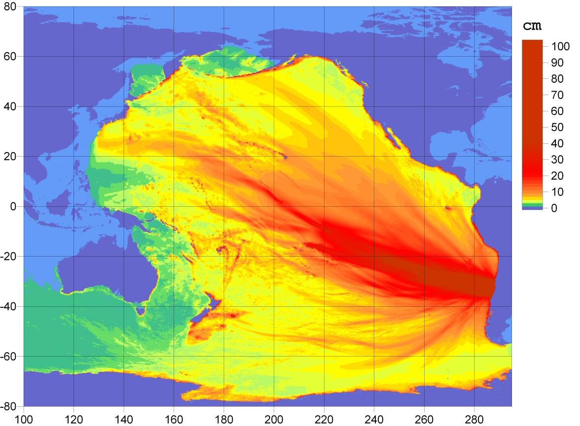 Projection from the National Oceanic and Atmospheric Administration of the predicted distribution of energy in the Pacific Ocean following the Chile earthquake.