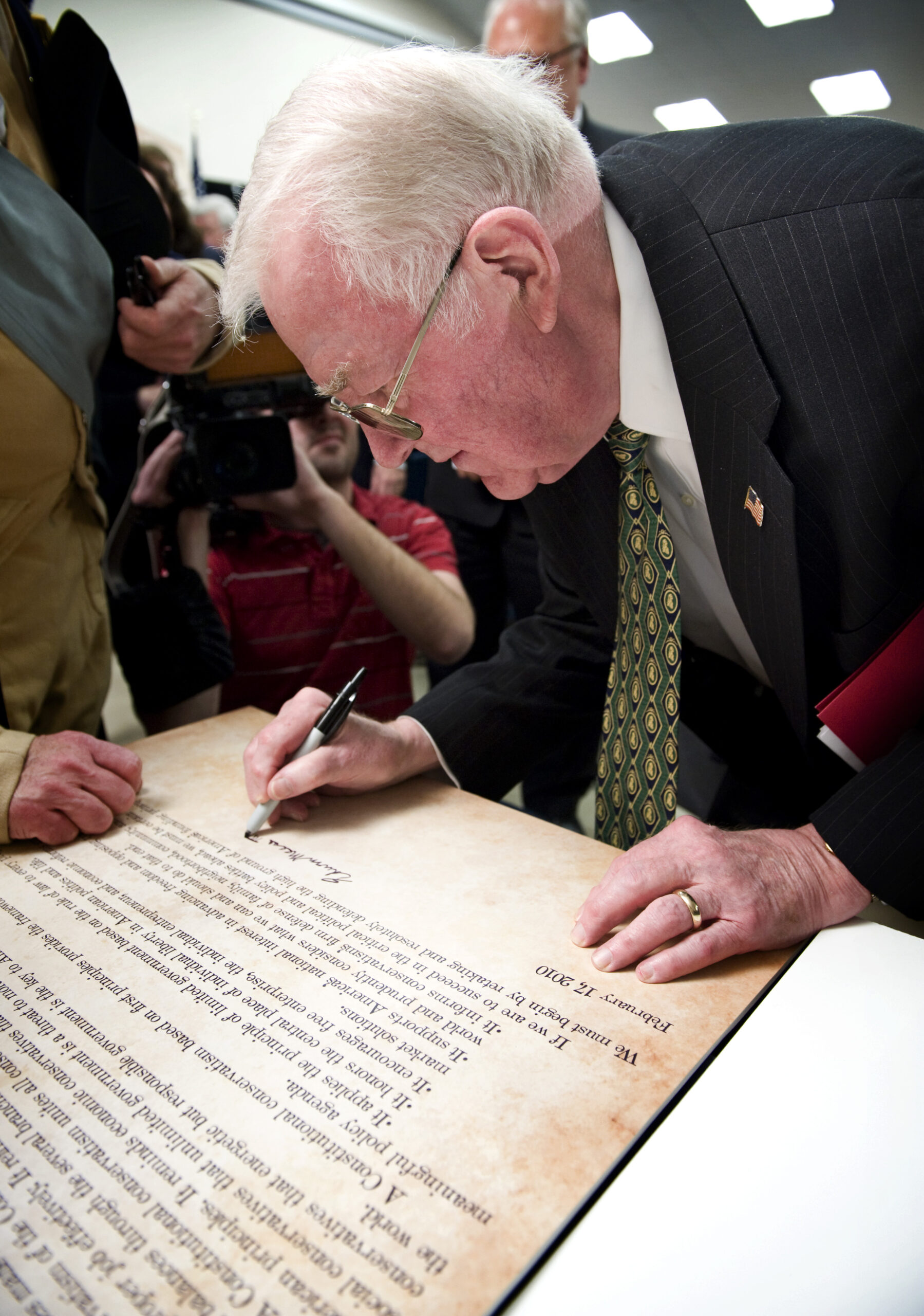 Former U.S. Attorney General Edwin Meese III, chairman of the Conservative Action Project,  signs the Mount Vernon Statement during a ceremony at Collingwood Library and Museum in Alexandria, Va., Wednesday, Feb. 17, 2010. The document defines the principles, values and beliefs of the conservative movement. (AP Photo/Cliff Owen) (Associated Press)