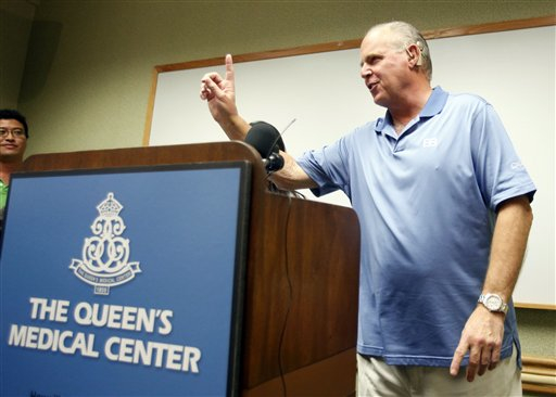 Conservative talk show host Rush Limbaugh speaks during a news conference at The Queen's Medical Center in Honolulu, Friday, Jan. 1, 2010. Limbaugh was taken to the hospital after experiencing chest pains similar to a heart attack Wednesday during a vacation. (AP Photo/Chris Carlson) (Associated Press)