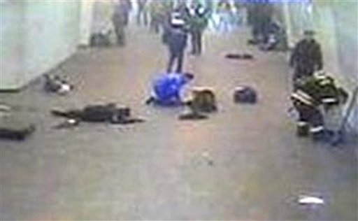 ** CORRECTS LOCATION ** In this image from a security camera bodies lie in the passageway of Lubyanka subway station in central Moscow after a bomb blast Monday March 29 2010. Two female suicide bombers blew themselves up on Moscow's subway system as it was jam-packed with rush-hour passengers Monday, killing at least 35 people and wounding more than 30, the city's mayor and other officials said. Emergency Ministry spokeswoman Svetlana Chumikova said 23 people were killed at the Lubyanka station in central Moscow. (AP Photo) (AP)