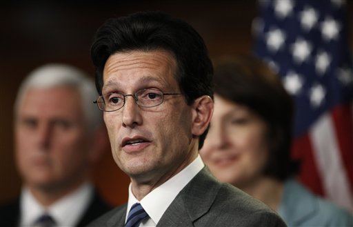 House Minority Whip Eric Cantor of Va., center, accompanied by Rep. Mike Pence, R-Ind., left, and Rep. Cathy McMorris Rodgers, R-Wash., right, speaks during a health care news conference on Capitol Hill in Washington, Wednesday, Jan. 13, 2010.   (AP Photo/Manuel Balce Ceneta) (AP)
