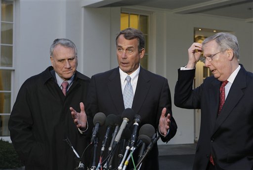 House Minority Leader John Boehner of Ohio, center, accompanied by Senate Minority Leader Mitch McConnell of Ky., right, and Senate Minority Whip Jon Kyl of Ariz., speaks with reporters outside the White House in Washington, Thursday, Feb. 25, 2010, following a day of meetings with President Barack Obama at Blair House on health care reform. (AP Photo/J. Scott Applewhite) (AP)