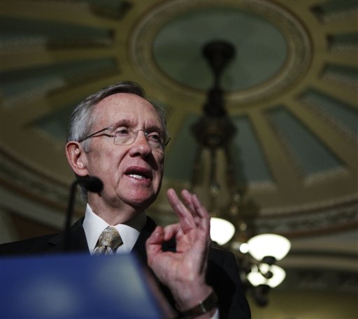 Senate Majority Leader Sen. Harry Reid, D- Nev., speaks to the media following a meeting with the Senate Democratic Caucus on Capitol Hill in Washington, Thursday, Feb. 11, 2010.  (AP Photo/Manuel Balce Ceneta) (AP)