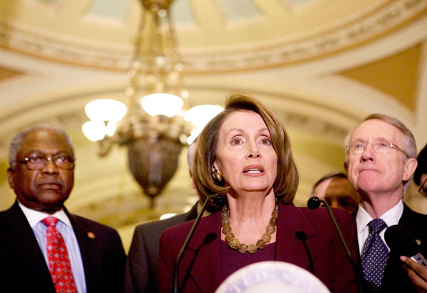 U.S. Congressional House Majority Whip James Clyburn, Speaker of the House Nancy Pelosi and Senate Majority Leader Harry Reid speak after meeting with President Barack Obama and Vice President Joe Biden on Capitol Hill in Washington January 5, 2009.