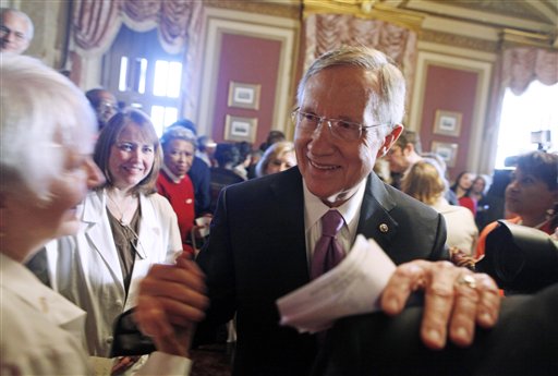 Senate Majority Leader Harry Reid of Nev. greets guests on Capitol Hill in Washington, Wednesday, March 24, 2010, following a  health care reform news conference. (AP Photo/Haraz N. Ghanbari) (AP)