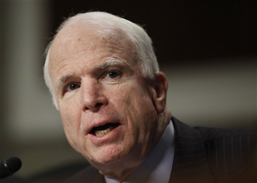 The Senate Armed Services Committee Republican ranking Republican Sen. John McCain, R-Ariz., questions witnesses Defense Secretary Robert Gates and Joint Chiefs Chairman Adm. Michael Mullen, on Capitol Hill in Washington, Tuesday, Feb. 2, 2010, during the committee's hearing on the "Don't Ask, Don't Tell" policy.  (AP Photo/Manuel Balce Ceneta) (AP)