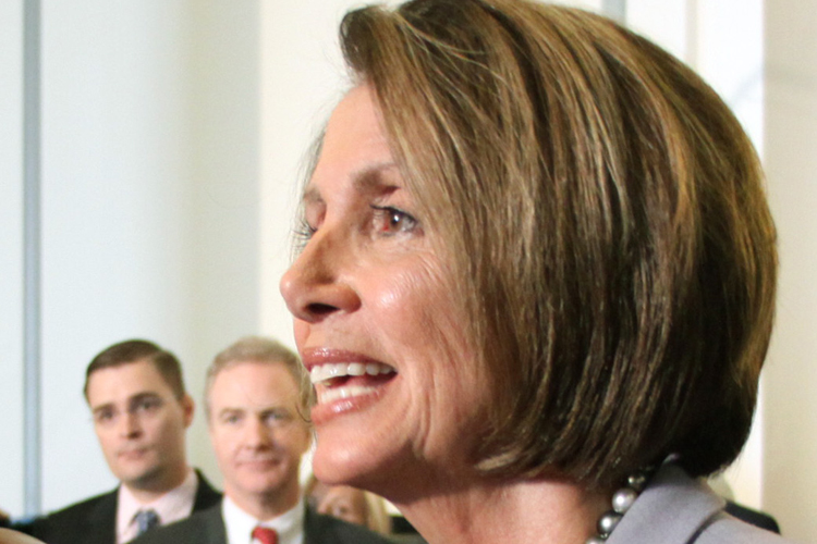House Speaker Nancy Pelosi (D-Calif.) speaks to reporters after a House Democratic Caucus meeting on Sunday.