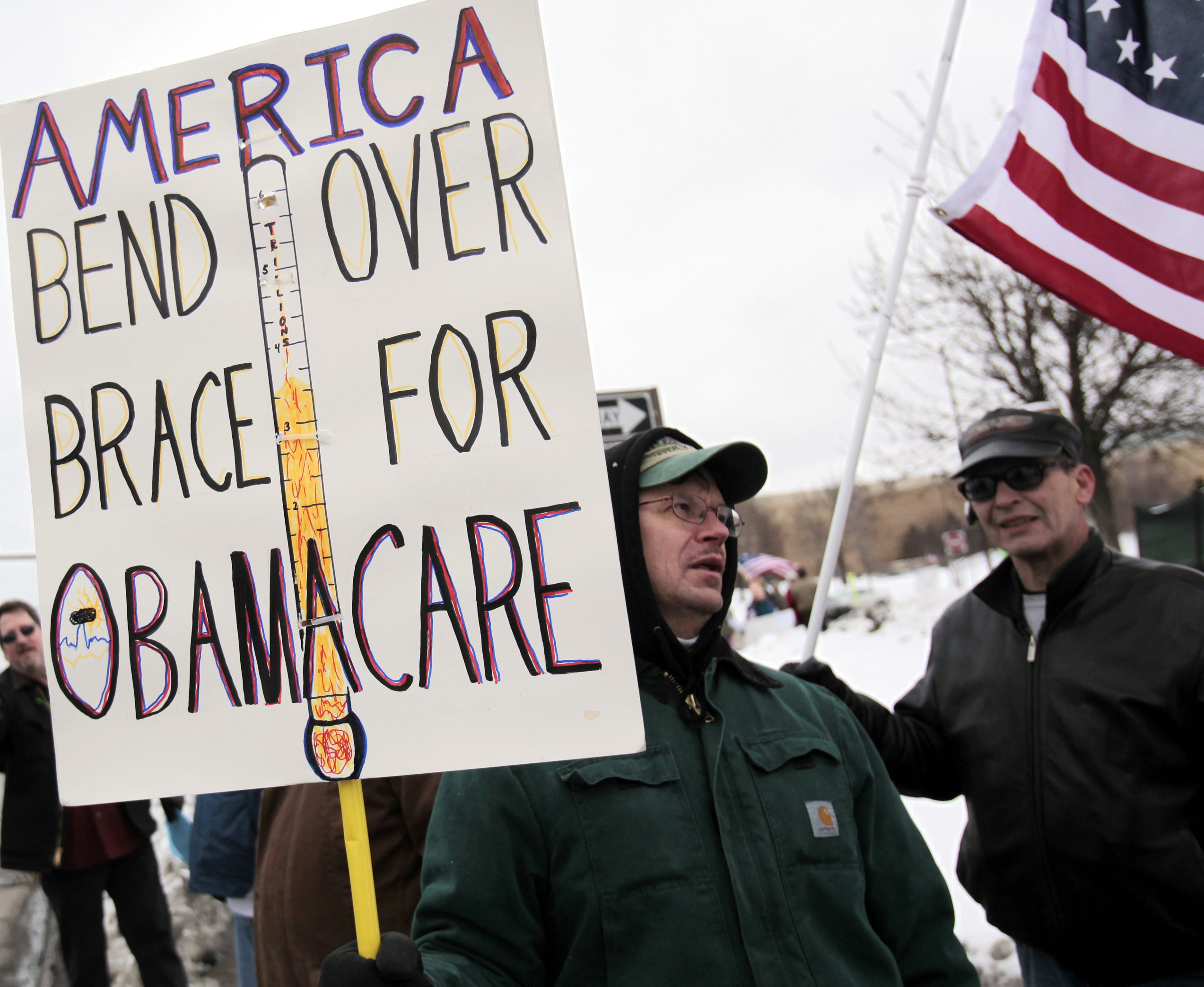 A Tea Party member carries a sign voicing his concern over "ObamaCare" during a rally marking the one-year anniversary of the movement in Troy, Michigan February 27, 2010. Some Tea Partiers say they can pinpoint the precise moment when they made it clear to the Republican Party they had no intention of being its lapdog. On a bright, brisk afternoon in mid-February, with snow still thick on the ground from storms that had battered Washington the week before, Republican National Committee Chairman Michael Steele met with more than 50 members of the Tea Party, the Twitter Age conservative movement that is reshaping the U.S. political landscape. Picture taken February 27, 2010. To match Special Report USA-POLITICS/TEAPARTY. REUTERS/Rebecca Cook  (UNITED STATES - Tags: POLITICS CIVIL UNREST) (Reuters)