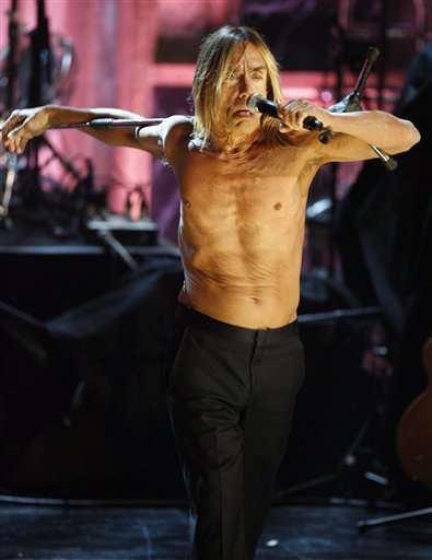 Iggy Pop performs during the Rock and Roll Hall of Fame induction ceremony in New York, Monday, March 15, 2010.  (AP Photo/Jason DeCrow) (AP)
