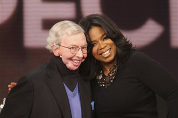 In this photo released by Harpo Productions, Inc., talk-show host Oprah Winfrey, right, and film critic Roger Ebert are seen during taping of "The Oprah Winfrey Show" at Harpo Studios in Chicago, Friday, Feb. 26, 2010. The show will air nationally on Tuesday, March 2, 2010.  (AP Photo/Harpo Productions, Inc., George Burns)    **MANDATORY  CREDIT: Harpo Productions, George Burns. NO SALES** (George Burns)