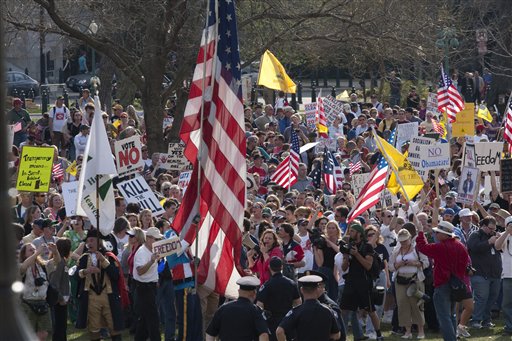 Tea Party Demonstrators outside of the House Chamber on Capitol Hill in Washington, Saturday, March 20, 2010.(AP Photo/Harry Hamburg) (AP)