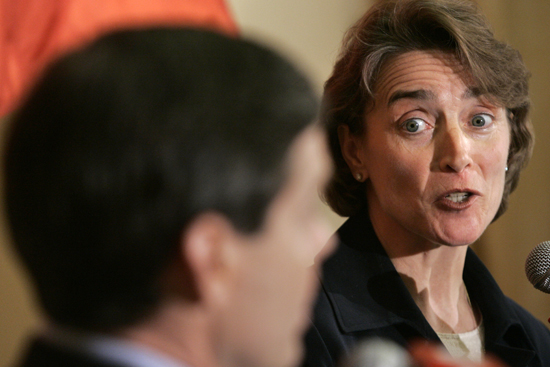 U.S. Sen. Blanche Lincoln, D-Ark., right, speaks to Arkansas Lt. Gov. Bill Halter During a debate between the two Democrats in Little Rock, Ark., Saturday, April 24, 2010. (AP Photo/Danny Johnston) (Danny Johnston)