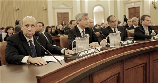 From left, Goldman Sachs Group, Inc. Chairman and Chief Executive Officer Lloyd Blankfein;  JPMorgan Chase & Company Chairman and Chief Executive Officer James Dimon;  Morgan Stanley Chairman John Mack, and Bank of America Corporation Chief Executive Officer and President  Brian Moynihan, testify on Capitol Hill in Washington, Wednesday, Jan. 13, 2010, before the Financial Crisis Inquiry Commission, (AP Photo/Pablo Martinez Monsivais) (AP)
