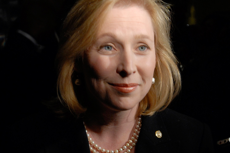 Sen. Kirsten Gillibrand, D-N.Y., speaks with reporters in Albany in February .