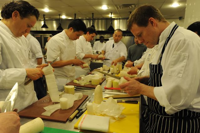 Eddy Leroux (left) and other chefs "unrolling" their daikons