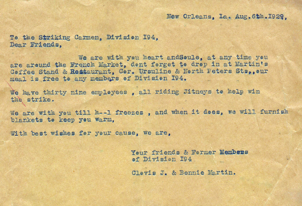 The Martin Brothers' letter to striking street car workers