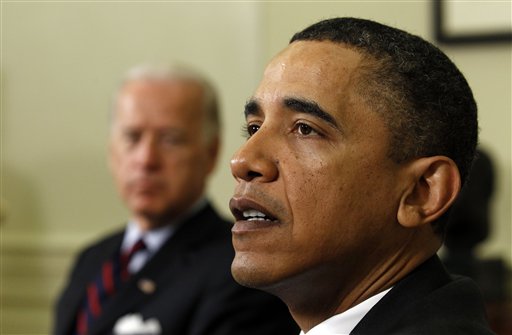 President Barack Obama, right, and Vice President Joe Biden and bipartisan Senate leaders discuss the Supreme Court vacancy left by the retirement of Justice Stevens in the Oval Office of the White House in Washington Wednesday, April 21, 2010.(AP Photo/Alex Brandon) (AP)