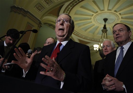 Senate Minority Leader Mitch McConnell of Ky., center, gestures while meeting with reporters on Capitol Hill in Washington, Tuesday, April 13, 2010. Joining him, from second from left are, Sen. Lamar Alexander, R-Tenn., Sen. John Cornyn, R-Texas, and the Senate Banking Committee's Ranking Republican Sen. Richard Shelby, R-Ala.   (AP Photo/Manuel Balce Ceneta) (AP)