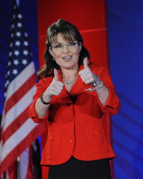 NEW ORLEANS, LA - APRIL 9:  (ALTERNATE CROP) Former Alaska Governor Sarah Palin gives two thumbs up to the audience at the Southern Republican Leadership Conference, April 9, 2010 in New Orleans, Louisiana. Many of the Republican Party's most prominent members will be speaking at the conference which runs from April 8-11. (Photo by Cheryl Gerber/Getty Images) (Getty Images)