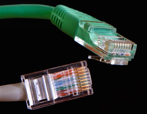 Two network cables are pictured in Frankfurt, central Germany, Tuesday, March 2, 2010. Germany's highest court in Karlsruhe on Tuesday overturned a law allowing authorities to retain data on telephone calls and e-mail traffic for help in tracking criminal networks. (AP Photo/Michael Probst) (AP)