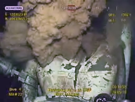 This image made from video released by British Petroleum (BP PLC) early Friday morning, May 28, 2010 shows drilling mud escaping from the broken pipe on the gushing oil well in the Gulf of Mexico. BP started pumping heavy mud into the leaking Gulf of Mexico well Wednesday and said everything was going as planned in the company's boldest attempt yet to plug the gusher that has spewed millions of gallons of oil over the last five weeks. (AP Photo/BP PLC) NO SALES (AP)