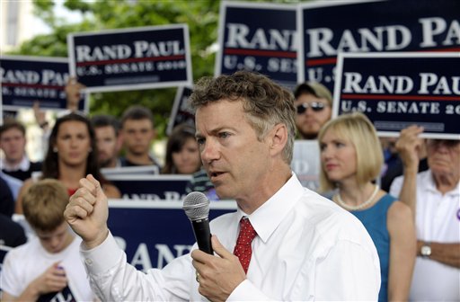 Republican U.S. Senate candidate Rand Paul talks to supporters in Bowling Green, Ky. Monday, May 17, 2010. Paul faces fellow Republican Trey Grayson in Tuesday's primary election.  (AP Photo/Bowling Green Daily News, Joe Imel) (AP)