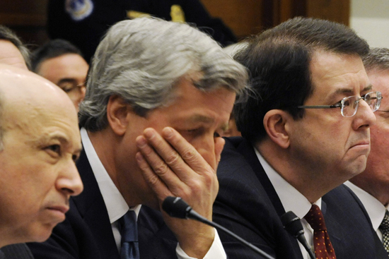 TARP recipient financial institution leaders testify before House Financial Services Committee on Capitol Hill in Washington, February 11, 2009. From L-R are: Goldman Sachs' Lloyd Blankfein, JPMorgan Chase's Jamie Dimon, Bank of New York's Robert Kelly, Bank of America's Ken Lewis,State Street's Ronald Logue, and Morgan Stanley's John Mack.     REUTERS/Larry Downing (UNITED STATES) (Â© Larry Downing / Reuters)