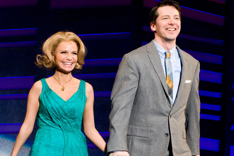 Sean Hayes and Kristin Chenoweth appear for the curtain call at the opening night performance of the Broadway musical "Promises, Promises" on April 25.