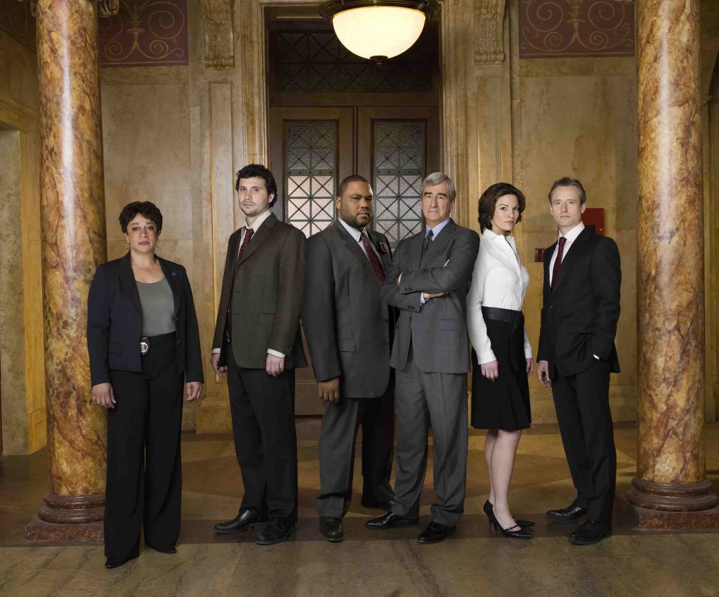 The current cast of "Law & Order": S. Epatha Merkerson, Jeremy Sisto, Anthony Anderson, Sam Waterston, Alana de la Garza, and Linus Roache