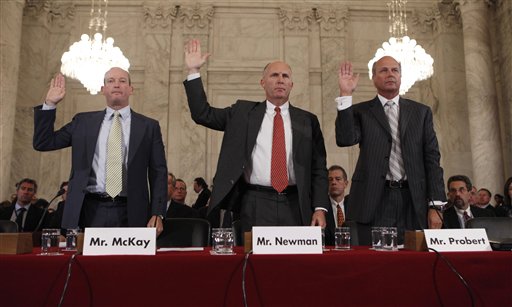 From left to right, Lamar McKay, President and Chairman of BP American, Steven Newman, President and Chief Executive Officer Transocean Limited and Tim Probert, President, Global Business Lines and Chief Health, Safety and Enviromental Officer Halliburton, testify before the Senate Committee on Energy and Natural Resources, on Capitol Hill  in Washington Tuesday, May 11, 2010. (AP Photo/Pablo Martinez Monsivais) (Associated Press)