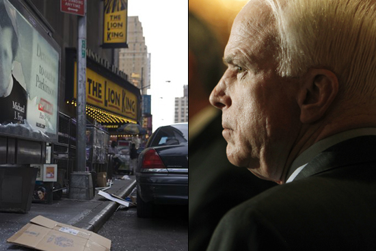 Broken glass litters the spot where authorities found a bomb that apparently began to detonate, but did not explode, in a smoking sport utility vehicle outside the Minskoff Theatre in New York, Sunday, May 2, 2010. Right: Sen. John McCain