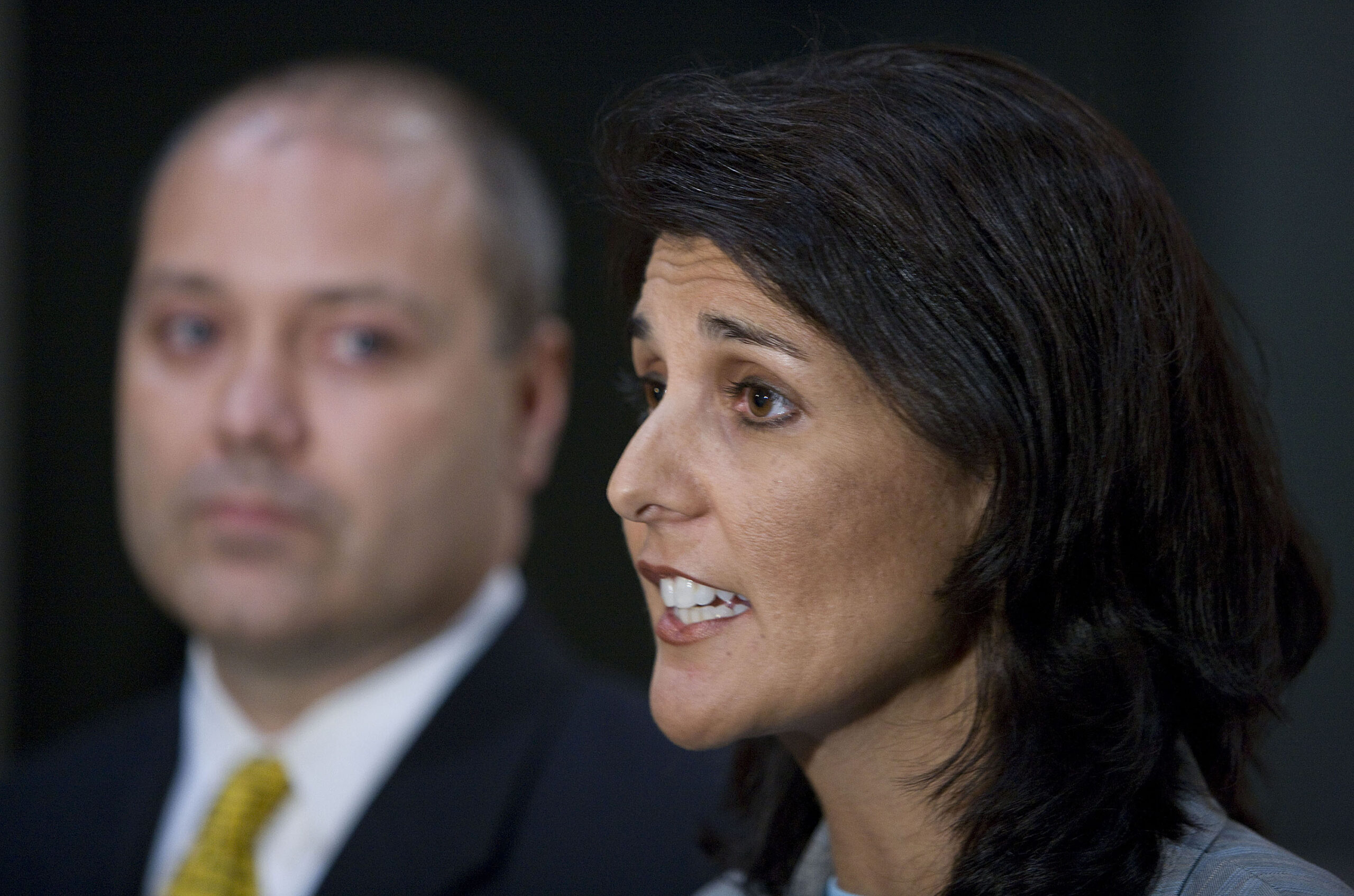 South Carolina state Rep. Nikki Haley, right, is joined by her husband Michael Haley in Greenville, S.C., Monday, May 24, 2010, as she denies current allegations surrounding an affair with her and blogger Will Folks. Mrs. Haley had been speaking at a forum at the Carolina First Center. (AP Photo/Patrick Collard) (Associated Press)