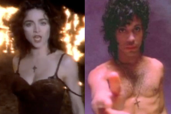 Scenes from Madonna's "Just Like a Prayer", and Prince's "When Doves Cry" videos.