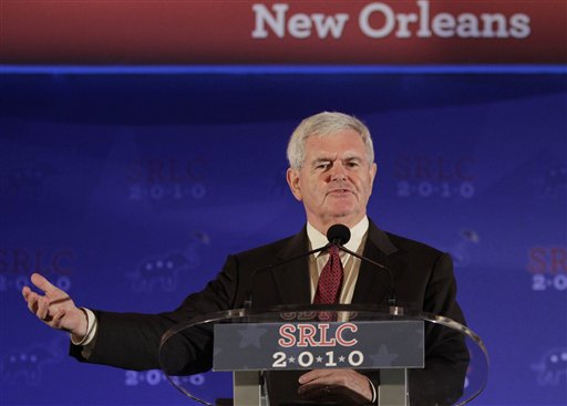 Former Speaker of the House Newt Gingrich addresses the Southern Republican Leadership Conference in New Orleans, Thursday, April 8, 2010. This is the opening session of the four day conference.   (AP Photo/Bill Haber) (AP)